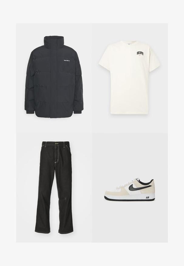 Čierna puffová bunda s vysokým golierom, zipom vpredu a elastickými manžetami. Obsahuje vrecko a malé logo na hrudi. Textúrovaný povrch.; Krémová bavlnená tričko s krátkymi rukávmi, s nápisom "NIKE SB" v čiernej a červenej farbe na hrudi. Štandardný okrúhly výstrih.; Čierne denimové nohavice s voľným strihom, s kontrastným bielym prešívaním, uzáverom na gombík a rovnými nohavicami.; Tenisky s hornou časťou z ľahkej béžovej semišovej kože a bielej kože, čierny Nike swoosh, čierne akcenty a biela gumová podrážka s brandingom "AIR".