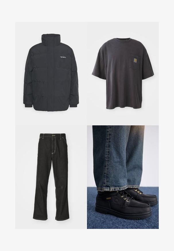 Schwarze Daunenjacke mit hohem Kragen, Reißverschluss vorne und elastischen Bündchen. Verfügt über eine Tasche und ein kleines Logo auf der Brust. Strukturiert Oberfläche.; Schwarzes Baumwoll-T-Shirt mit kurzen Ärmeln, rundem Halsausschnitt und einer linken Brusttasche mit einem quadratischen Logo-Patch. Schlichtes und unauffälliges Design.; Schwarze Denim-Jeans mit lockerer Passform, kontrastierenden weißen Nähten, einem Knopfverschluss und geradem Bein.; Schwarze Lederschuhe mit goldenen Ösen und strukturiertem Finish, kombiniert mit blauen Jeans. Die Schuhe haben eine geschichtete Sohle und ein Branddetail.