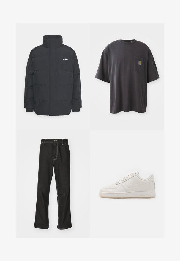 Svart pufferjacka med hög krage, dragkedja framtill och elastiska muddar. Har en ficka och en liten logotyp på bröstet. Texturerad yta.; Svart bomullströja med korta ärmar, rund halsringning och en vänster bröstficka med en fyrkantig logotypklistermärke. Enkel och avskalad design.; Svarta denimjeans med en lös passform, med kontrasterande vita sömmar, knäppning och raka ben.; Nike Sportswear AIR FORCE 1 07 PRO TECH WP - Sneakers - phantom
