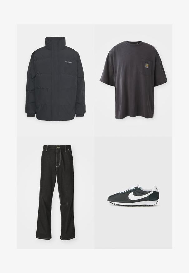 Črna puhasta jakna z visokim ovratnikom, z zadrgo spredaj in elastičnimi manšetami. Ima žep in majhen logotip na prsih. Teksturirana površina.; Črna bombažna majica s kratkimi rokavi, okroglim izrezom in žepom na levi strani prsi, ki vključuje kvadratno oznako. Preprost in neopazen dizajn.; Črne jeans hlače ohlapenega kroja, ki imajo kontrastno belo šivanje, zapiranje na gumb in ravno nogavico.; Nike copalke iz črnega mrežastega materiala z belim swooshom, belimi vezalkami in temno zelenimi nubukastimi akcenti. Imajo teksturiran črn gumijast podplat.