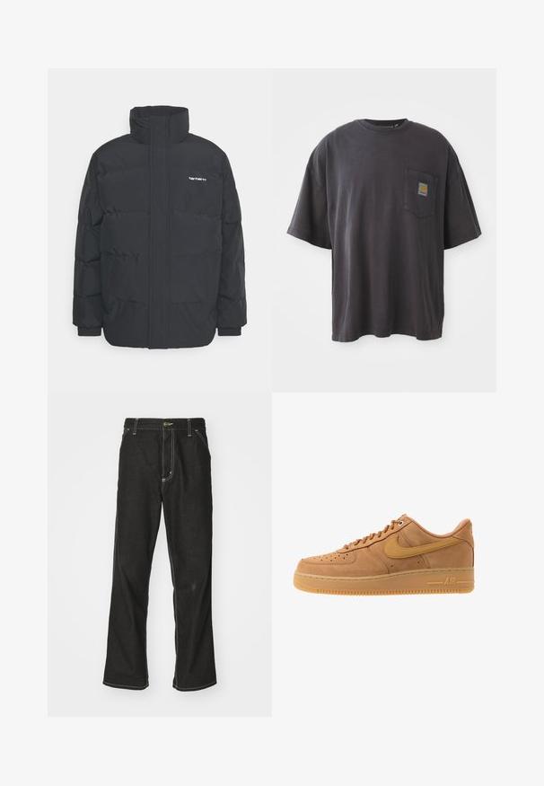 Mustam varrukas jope kõrge kaelusega, vipptõmblusega ja elastsete mansettidega. Omaduseks on tasku ja väike logo rinnal. Tekstuuritud pind.; Mustad must t-särk lühikeste varrukatega, ümar kaelus ja vasakul rinnal tasku ruudukujulise logoplaadi näitega. Lihtne ja ilma embellishmentsita disain.; Mustadest denimist püksid, lahtise lõikega, kontrastsete valgete õmblustega, nööbiga kinnitamine ja sirge säär.; Nike Sportswear AIR FORCE 1 07 - Tossud - flax/wheat/light brown/black/team gold