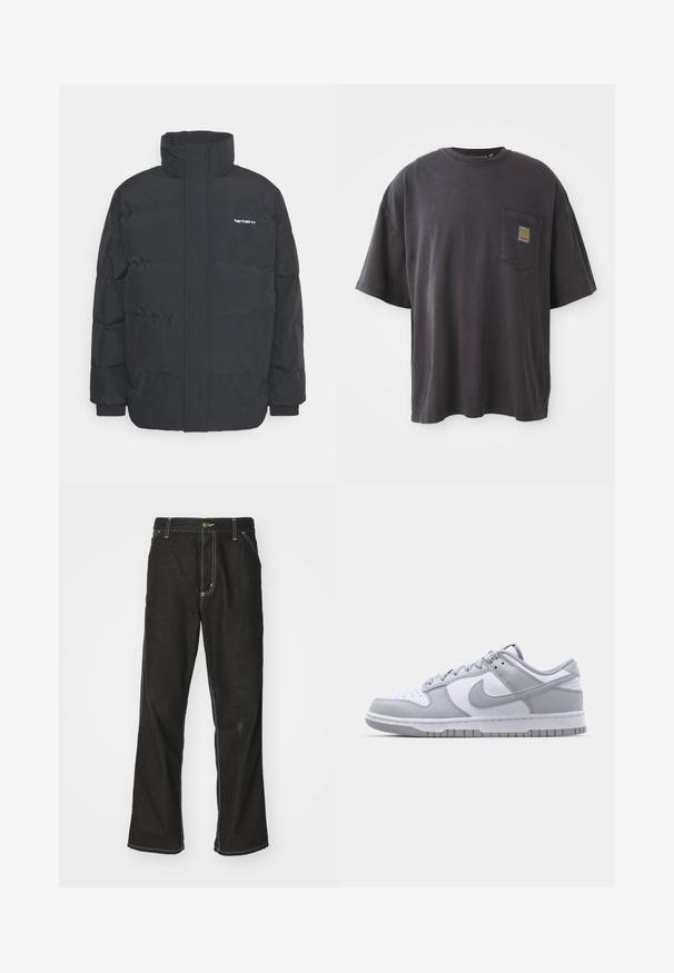 Crna puffer jakna s visokim ovratnikom, prednjim zatvaračem i elastičnim manžetama. Ima džep i mali logo na prsima. Teksturalna površina.; Crna pamučna majica s kratkim rukavima, okruglim izrezom i džepom na lijevoj strani grudnog koša s kvadratnom oznakom. Jednostavan i neukrašen dizajn.; Crne traperice s opuštenim krojem, s kontrastnim bijelim šavovima, zakovicom za zatvaranje i ravnim nogavicama.; Siva i bijela Nike Dunk Low tenisice s glatkim kožnim gornjim dijelom, perforiranim prednjim dijelom, podstavljenim ovratnikom i gumenenim potplatom.