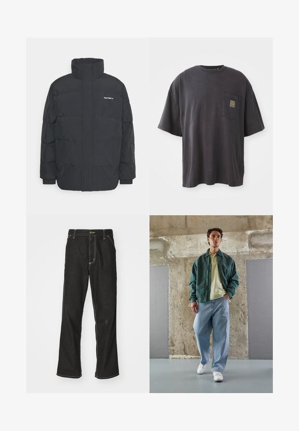 Juodas pūkinis švarkas su aukšta apykakle, užtrauktuku priekyje ir elastingomis rankovėmis. Yra kišenė ir mažas logotipas ant krūtinės. Tekstūruotas paviršius.; Juodos spalvos medvilnės marškinėliai su trumpomis rankovėmis, apvaliu iškirpimu ir kairėje krūtinės pusėje esančia kišenėle su kvadratine logotipo etikete. Paprastas ir nepuoštas dizainas.; Juodi džinsai su laisvu siluetu, turintys kontrastingas balto siūlo siūles, mygtuko uždarymą ir tiesų kojos dizainą.; Žalias bombonešis virš šviesiai geltonos polo marškinių, derinamas su laisvais mėlynais džinsais ir baltais sportbačiais. Švelnūs audiniai, laisvas siluetas, minimalus aksesuarų kiekis.