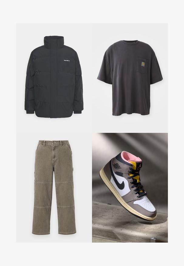 Giacca puffa nera con colletto alto, chiusura con zip frontale e polsini elastici. Presenta una tasca e un piccolo logo sul petto. Superficie testurizzata.; T-shirt nera in cotone con maniche corte, scollatura rotonda e taschino sul lato sinistro con una toppa quadrata. Design semplice e privo di fronzoli.; Pantaloni cargo in cotone di un verde oliva tenue con gambe larghe, dettagli cuciti in doppio, e tasche laterali, dotati di chiusura a bottone e passanti per cintura.; Sneaker Nike Air Jordan alta in bianco, grigio e nero con interno rosa e linguetta gialla, posizionata su una superficie di cemento.