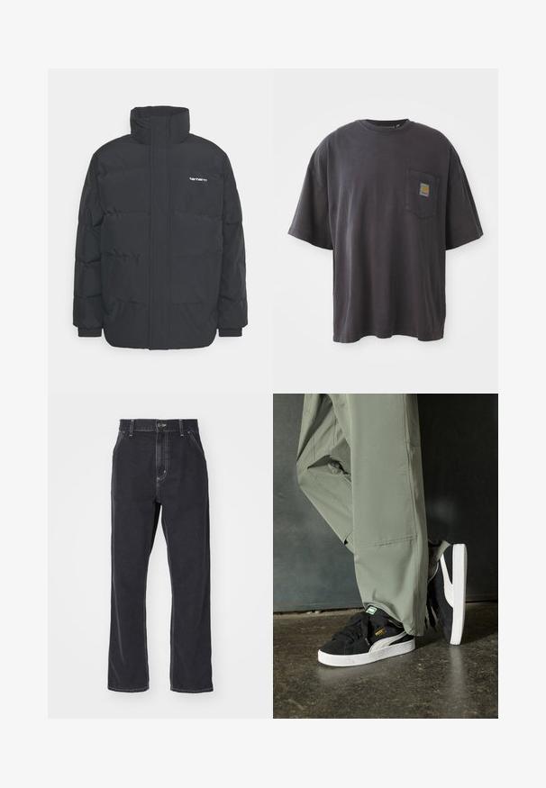 Chaqueta de plumas negra con cuello alto, cierre de cremallera frontal y puños elásticos. Cuenta con un bolsillo y un pequeño logo en el pecho. Superficie texturizada.; Camiseta de algodón negra con mangas cortas, un cuello redondo y un bolsillo en el pecho izquierdo con un parche de logo cuadrado. Diseño simple y sin adornos.; Jeans de mezclilla negra con corte recto, con cremallera, cinco bolsillos y costuras de contraste a lo largo de las costuras.; Zapatillas de ante negras con suelas de goma blancas y rayas laterales, combinadas con pantalones cargo verde claro, de pie sobre una superficie oscura texturizada.