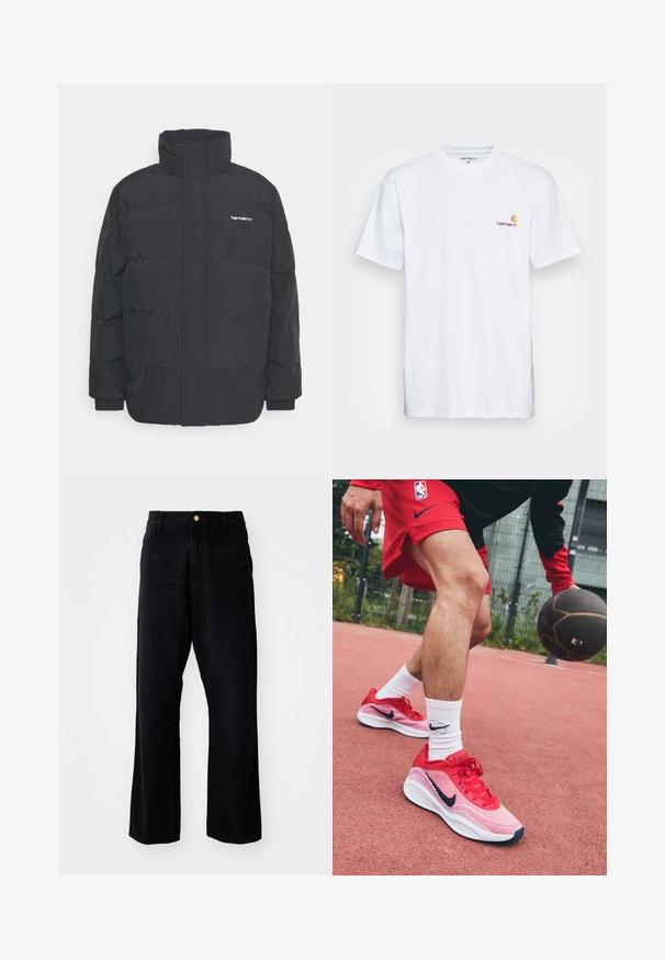 Black puffer jacket with a high collar, zip front, and elastic cuffs. Features a pocket and a small logo on the chest. Textured surface.; White cotton t-shirt with short sleeves. Designed with a small orange and maroon logo on the left chest. Features a classic crew neck.; Black denim trousers with a relaxed fit, featuring a gold button, five-pocket design, and straight leg cut. Smooth texture.; Red lightweight basketball shoes with mesh design and contrasting navy accents, paired with white socks featuring a black logo.