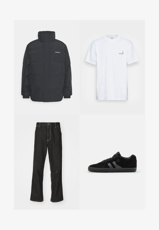 Giacca puffa nera con colletto alto, chiusura con zip frontale e polsini elastici. Presenta una tasca e un piccolo logo sul petto. Superficie testurizzata.; T-shirt bianco in cotone con maniche corte. Progettato con un piccolo logo arancione e maroon sul lato sinistro del petto. Presenta un classico collo rotondo.; Jeans in denim nero con una vestibilità ampia, caratterizzati da cuciture bianche a contrasto, chiusura a bottone e un design a gamba dritta.; Scarpe da skate in suede nero con suole in gomma scura, caratterizzate da strisce laterali grigie e lacci abbinati, progettate per comfort e durata.