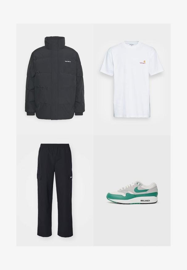Černá zimní bunda s vysokým límcem, zipem vpředu a elastickými manžetami. Má kapsu a malé logo na hrudi. Texturovaný povrch.; Bílé bavlněné tričko s krátkým rukávem. Navrženo s malým oranžovým a vínovým logem na levé části hrudi. Obsahuje klasický kulatý výstřih.; Ellesse TERATILO - Kapsáče - black; Tenisky Nike Air Max 1 s šedou síťovinou, zelenými koženými akcenty, bílými tkaničkami a viditelnou vzduchovou jednotkou v podešvi.