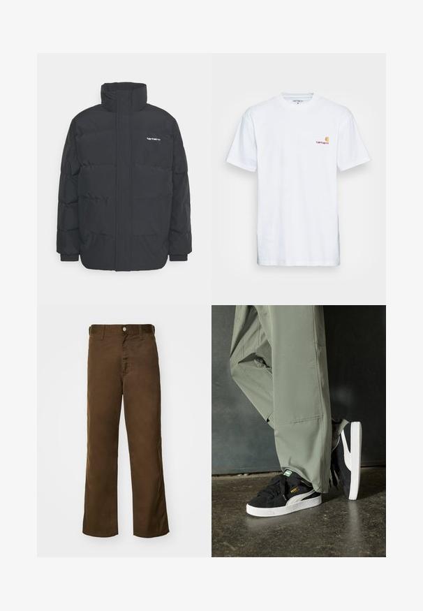 Black puffer jacket with a high collar, zip front, and elastic cuffs. Features a pocket and a small logo on the chest. Textured surface.; White cotton t-shirt with short sleeves. Designed with a small orange and maroon logo on the left chest. Features a classic crew neck.; Brown, straight-leg pants made of soft fabric with a smooth texture, featuring a front button closure and classic belt loops.; Black suede sneakers with white rubber soles and side stripes, paired with light green cargo pants, standing on a textured dark surface.