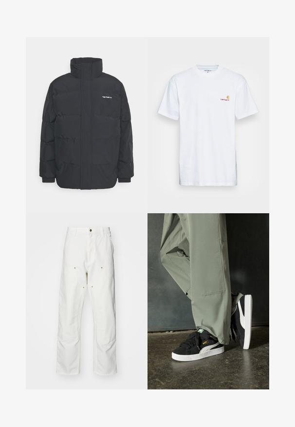 Crna puffer jakna s visokim ovratnikom, prednjim zatvaračem i elastičnim manžetama. Ima džep i mali logo na prsima. Teksturalna površina.; Bijela pamučna majica s kratkim rukavima. Dizajnirana s malim narančastim i tamnocrvenim logom na lijevoj strani prsne šupljine. Ima klasični okrugli izrez.; Bijele pamučne cargo hlače s opuštenim krojem. Značajke uključuju prednje džepove, zlatne detalje i ojačane dijelove koljena.; Crne nubuk tenisice s bijelim gumennim potplatima i bočnim trakama, uparene s svijetlozelenim cargo hlačama, stoje na teksturiranoj tamnoj površini.