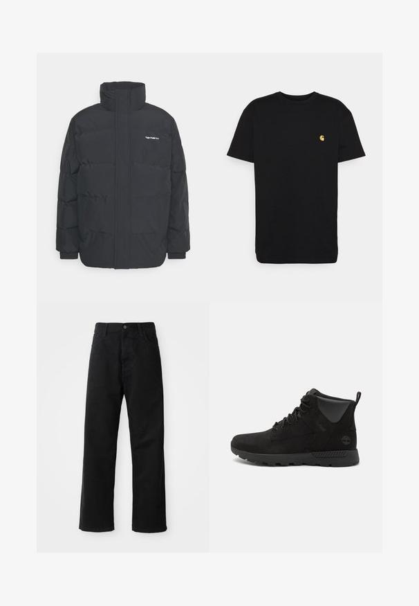 Black puffer jacket with a high collar, zip front, and elastic cuffs. Features a pocket and a small logo on the chest. Textured surface.; Black cotton t-shirt with short sleeves, crew neck, and a small yellow logo on the left chest area. Simple design and regular fit.; Black denim pants with a straight cut, featuring front pockets, a zip fly, and a single top button. Textured fabric with a matte finish.; Black high-top boots made of suede and synthetic materials, featuring a textured surface, lace-up design, and rubber sole with grip.