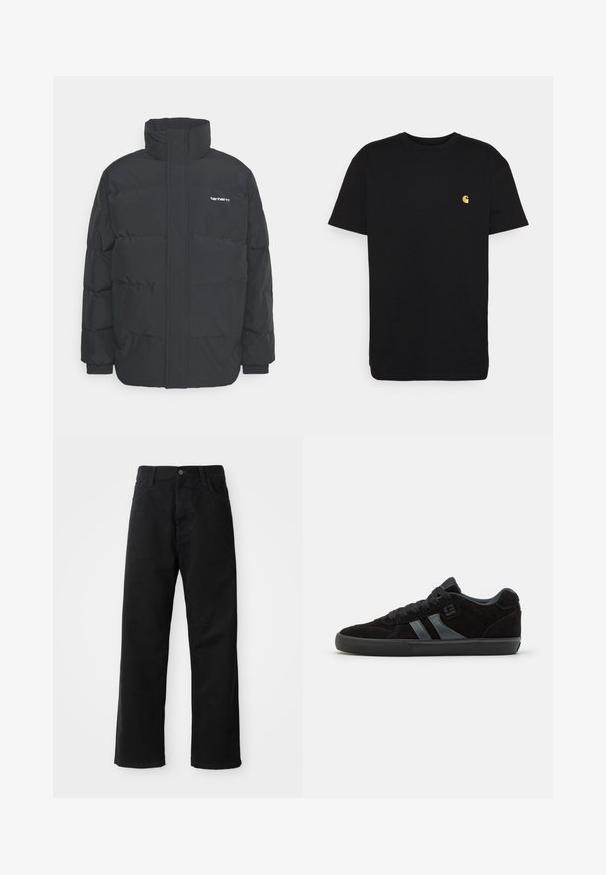 Black puffer jacket with a high collar, zip front, and elastic cuffs. Features a pocket and a small logo on the chest. Textured surface.; Black cotton t-shirt with short sleeves, crew neck, and a small yellow logo on the left chest area. Simple design and regular fit.; Black denim pants with a straight cut, featuring front pockets, a zip fly, and a single top button. Textured fabric with a matte finish.; Black suede skate shoes with dark rubber soles, featuring gray side stripes and matching laces, designed for comfort and durability.