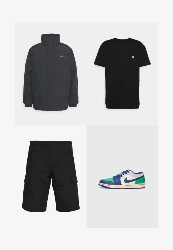 Schwarze Daunenjacke mit hohem Kragen, Reißverschluss vorne und elastischen Bündchen. Verfügt über eine Tasche und ein kleines Logo auf der Brust. Strukturiert Oberfläche.; Schwarzes Baumwoll-T-Shirt mit kurzen Ärmeln, Rundhalsausschnitt und einem kleinen gelben Logo im linken Brustbereich. Einfaches Design und normale Passform.; Schwarze Cargo-Shorts aus gewebtem Stoff, mit zwei Seitentaschen, einem Knopfverschluss und einem geraden Schnitt, der bis zum Knie reicht.; Jordan AIR JORDAN 1 - Sneaker low - sail/deep royal blue/stadium green/neutral grey/muslin