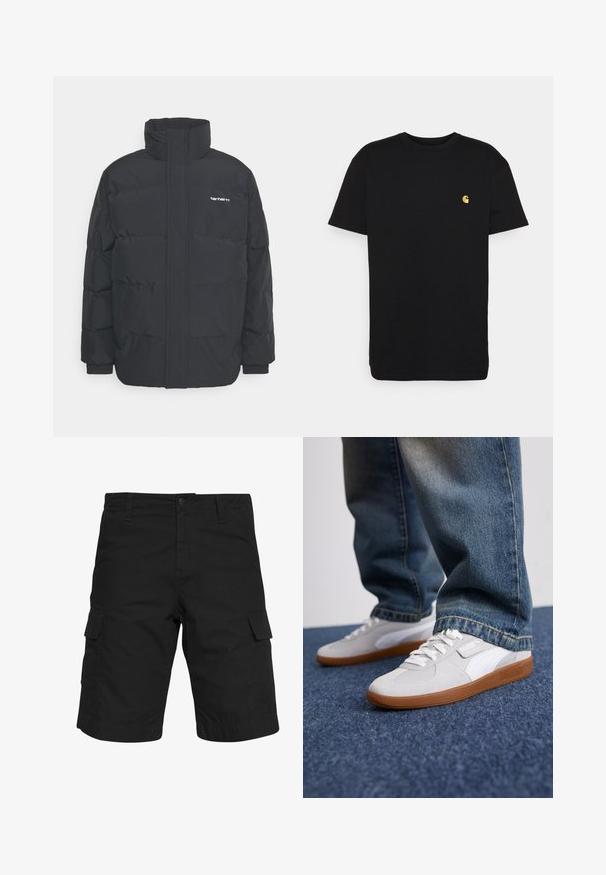 Fekete puffKabát magas nyakkal, cipzáros előlappal és rugalmas mandzsettával. Tartalmaz egy zsebet és egy kis logót a mellkason. Texturált felület.; Fekete pamut póló rövid ujjakkal, kerek nyakkal és egy kis sárga logóval a bal mellkasi részen. Egyszerű dizájn és normál illeszkedés.; Fekete cargo sort szőtt anyagból, két oldalsó zsebből, gombos záródással és térdig érő egyenes szabással.; Puma PALERMO UNISEX - Sportcipő - white/cool light gray/gold