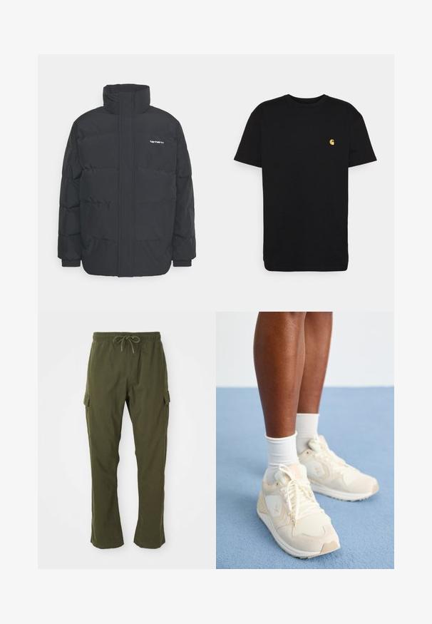 Mustam varrukas jope kõrge kaelusega, vipptõmblusega ja elastsete mansettidega. Omaduseks on tasku ja väike logo rinnal. Tekstuuritud pind.; Must must tee, lühikeste varrukatega, ümar kaelus ja vasakul rinnal väike kollane logo. Lihtne disain ja regulaarne istuvus.; Olivroheline cargo püksid elastse vööga, stringiga ja küljetaskutega. Kangas näeb välja pehme ja sileda tekstuuriga.; Heledad beezid spordijalatsid, millel on võrgu- ja nahkdetailid. Omab logo, nööpimise disaini ning pehmendatud talla. Kanda valgete sokkidega.