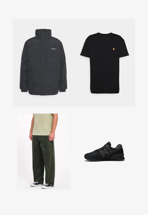 Black puffer jacket with a high collar, zip front, and elastic cuffs. Features a pocket and a small logo on the chest. Textured surface.; Black cotton t-shirt with short sleeves, crew neck, and a small yellow logo on the left chest area. Simple design and regular fit.; Green corduroy wide-leg pants with a soft texture. Worn with a light green shirt and black and white sneakers. Simple, practical design.; Black sneaker featuring a suede and mesh upper, thick sole, and prominent 'N' logo on the side. Textured design with lace closure.