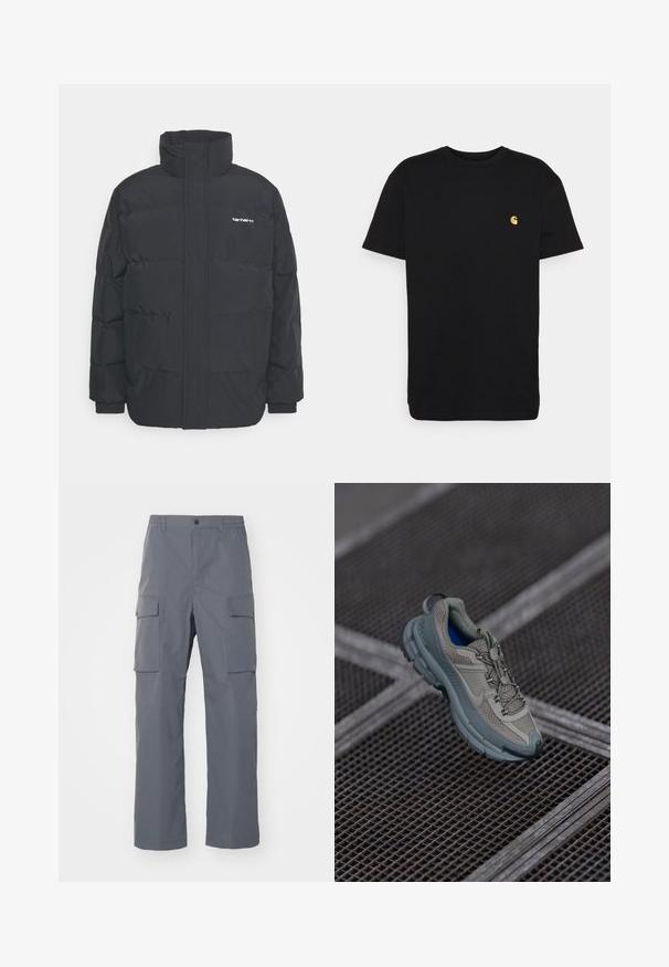Črna puhasta jakna z visokim ovratnikom, z zadrgo spredaj in elastičnimi manšetami. Ima žep in majhen logotip na prsih. Teksturirana površina.; Črna bombažna majica s kratkimi rokavi, okroglim izrezom in majhnim rumenim logotipom na levi strani prsi. Preprost dizajn in običajen kroj.; Sive cargo hlače iz trpežnega materiala. Vključujejo elastičen pas, dve veliki stranski žepu in ravne hlačnice.; Bež in siva športna čevlja z teksturiranim mrežastim zgornjim delom, okroglem nosu in gumijastim podplatom, opremljena z vezalkami in oblazinjenim ovratnikom.