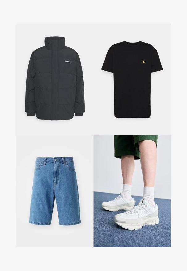 Černá zimní bunda s vysokým límcem, zipem vpředu a elastickými manžetami. Má kapsu a malé logo na hrudi. Texturovaný povrch.; Černé bavlněné tričko s krátkým rukávem, kulatým výstřihem a malým žlutým logem na levé části hrudi. Jednoduchý design a klasický střih.; Modré denimové kraťasy s uvolněným střihem, pasem s poutky na opasek, předním zapínáním na knoflík a ohrnutými lemy. Bez viditelných vzorů nebo akcentů.; Bílé sportovní boty s texturovanými překryvy, masivní podrážkou a šedými akcenty. Na nohou mají bílé ponožky a zelené šortky na modrém povrchu.