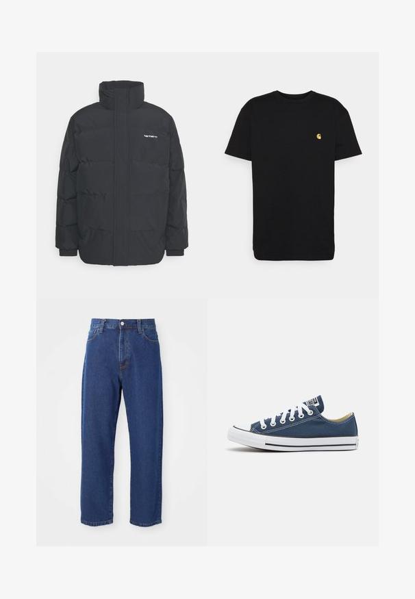 Černá zimní bunda s vysokým límcem, zipem vpředu a elastickými manžetami. Má kapsu a malé logo na hrudi. Texturovaný povrch.; Černé bavlněné tričko s krátkým rukávem, kulatým výstřihem a malým žlutým logem na levé části hrudi. Jednoduchý design a klasický střih.; Džíny s vysokým pasem v modré barvě vyrobené z denimu, s rovnou siluetou nohou, viditelným prošíváním a předním zapínáním na knoflík.; Plátěné tenisky v námořnické modři s bílými očky a tkaničkami, s bílým gumovým špičkou a černým pruhem podél podešve.