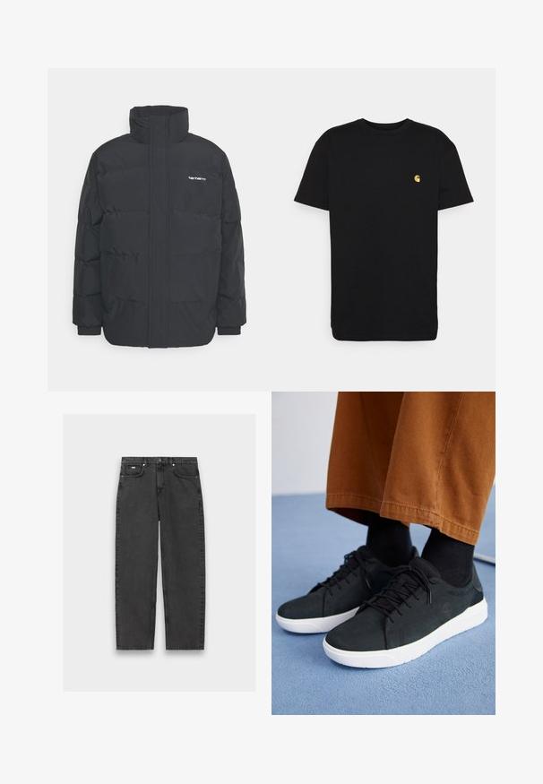 Čierna puffová bunda s vysokým golierom, zipom vpredu a elastickými manžetami. Obsahuje vrecko a malé logo na hrudi. Textúrovaný povrch.; Čierne bavlnené tričko s krátkymi rukávmi, okrúhlym výstrihom a malým žltým logom na ľavej strane hrude. Jednoduchý dizajn a bežný strih.; Čierne rovné džínsy s piatimi vreckami, zapínaním na gombík a viditeľným šitím laid flat na neutrálnom pozadí.; Čierne zamatové tenisky s bielymi gumovými podrážkami, so šnurovacím dizajnom, textúrovanými akcentami a decentným brandingom, skombinované s hnedými nohavicami.