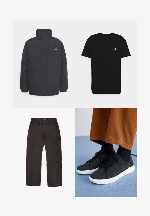 Svart pufferjacka med hög krage, dragkedja framtill och elastiska muddar. Har en ficka och en liten logotyp på bröstet. Texturerad yta.; Svart bomulls t-shirt med korta ärmar, rundad halsringning och en liten gul logga på vänster bröstområde. Enkel design och vanlig passform.; Cargo-byxor i mörkgrått tyg med flera fickor, en framknäppning med knapp och stickade detaljer längs sömmarna. Platt front och avslappnad passform.; Svarta mockaskor med vita gummisålar, med snörning, texturerade detaljer och subtil branding, kombinerade med bruna byxor.