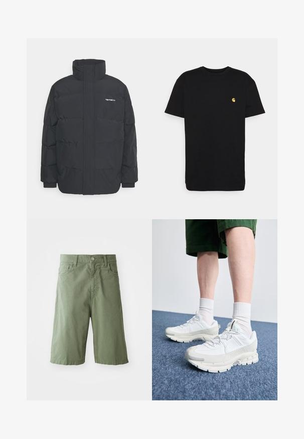 Black puffer jacket with a high collar, zip front, and elastic cuffs. Features a pocket and a small logo on the chest. Textured surface.; Black cotton t-shirt with short sleeves, crew neck, and a small yellow logo on the left chest area. Simple design and regular fit.; Green cotton shorts with a loose fit, featuring two front pockets, a button fastening, and a mid-calf length. Smooth texture.; White athletic shoes with textured overlays, a chunky sole, and gray accents. Worn with white crew socks and green shorts on a blue surface.