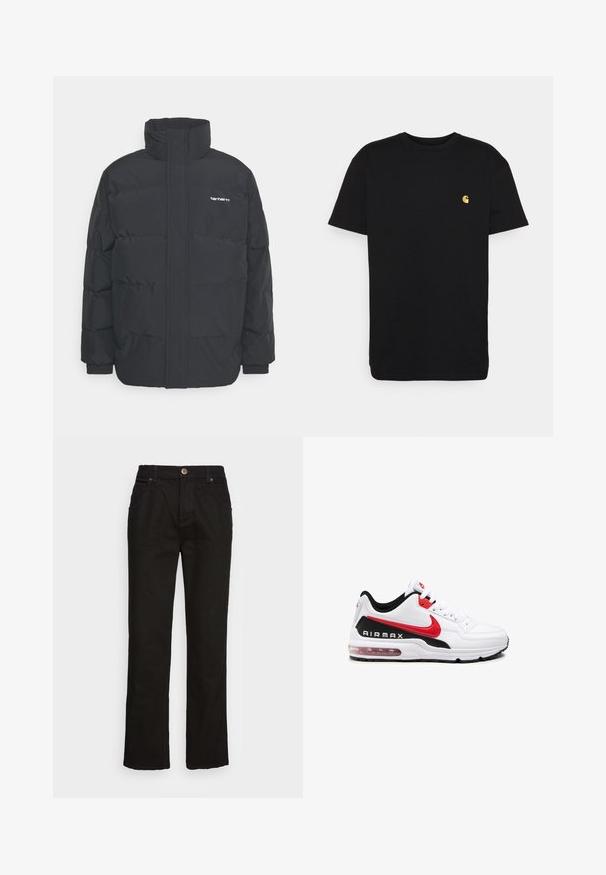 Chaqueta de plumas negra con cuello alto, cierre de cremallera frontal y puños elásticos. Cuenta con un bolsillo y un pequeño logo en el pecho. Superficie texturizada.; Camiseta de algodón negra con mangas cortas, cuello redondo y un pequeño logo amarillo en el área del pecho izquierdo. Diseño simple y ajuste regular.; Jeans de mezclilla negra de pierna recta con cierre de botón, trabillas para cinturón y bolsillos frontales. La tela tiene un acabado suave y costuras mínimas.; Zapatilla deportiva blanca con detalles en negro y rojo, que presenta un upper de cuero suave, parte frontal con cordones y una amortiguación de aire visible en la suela.