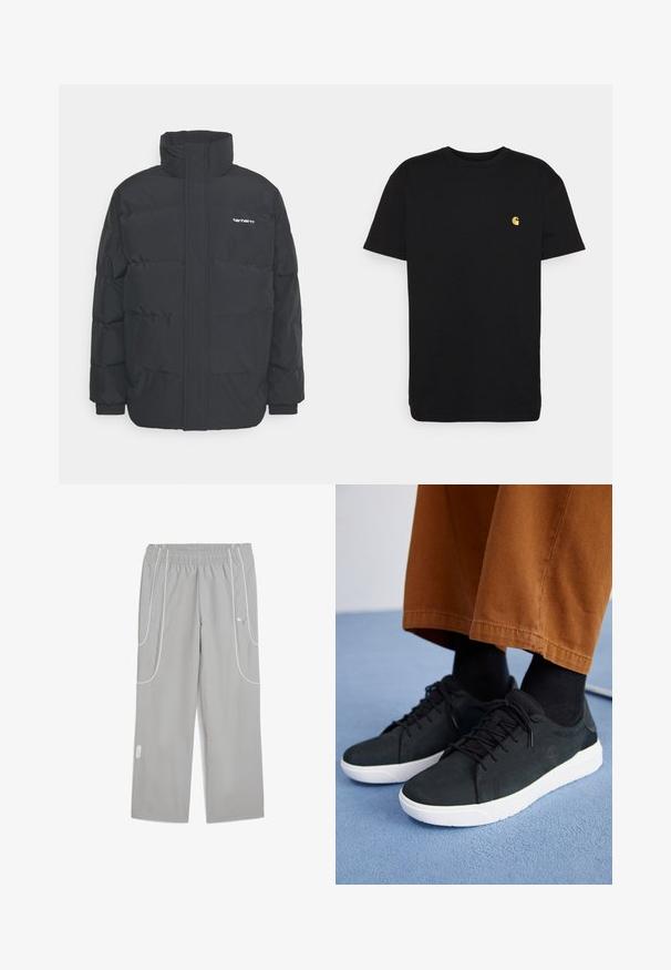 Melnā pūkainā jaka ar augstu apkakli, rāvējslēdzēja priekšpusi un elastīgām piedurknēm. Iespējama kabata un neliels logo uz krūtīm. Strukturēta virsma.; Melna kokvilnas T-kreklā īsas piedurknes, apaļa apkakle un neliels dzeltenais logotips kreisajā krūtī. Vienkāršs dizains un parasta paveida.; Gaiši pelēkas elastīgas sporta bikses ar baltām apdari detaļām un Puma logo augšējā priekšējā daļā, brīva piegriezuma un taisnām kājām.; Melnas zamšādas kedas ar baltām gumijas zolēm, ar saistāmām auklām, tekstūrētām detaļām un diskrētu zīmolu, apvienotas ar brūniem biksēm.