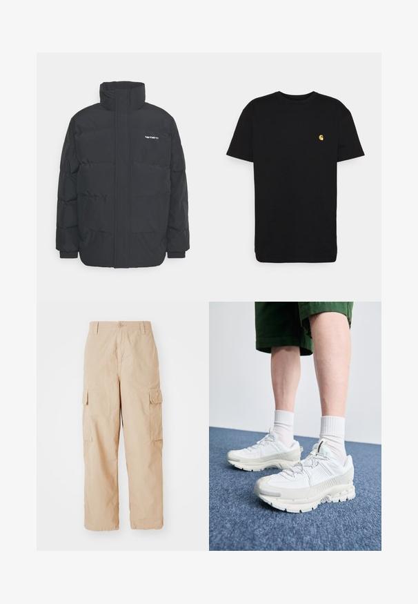 Casaco acolchoado preto com colarinho alto, fecho de correr à frente e punhos elásticos. Apresenta um bolso e um pequeno logótipo no peito. Superfície texturada.; T-shirt de algodão preto com mangas curtas, decote redondo e um pequeno logótipo amarelo na área do peito esquerdo. Design simples e ajuste regular.; Calças cargo bege com um corte descontraído, feitas de um tecido leve, com dois bolsos laterais e um fecho de botão na cintura.; Sapatos atléticos brancos com sobreposições texturizadas, sola espessa e detalhes em cinza. Usados com meias brancas até ao tornozelo e calções verdes sobre uma superfície azul.