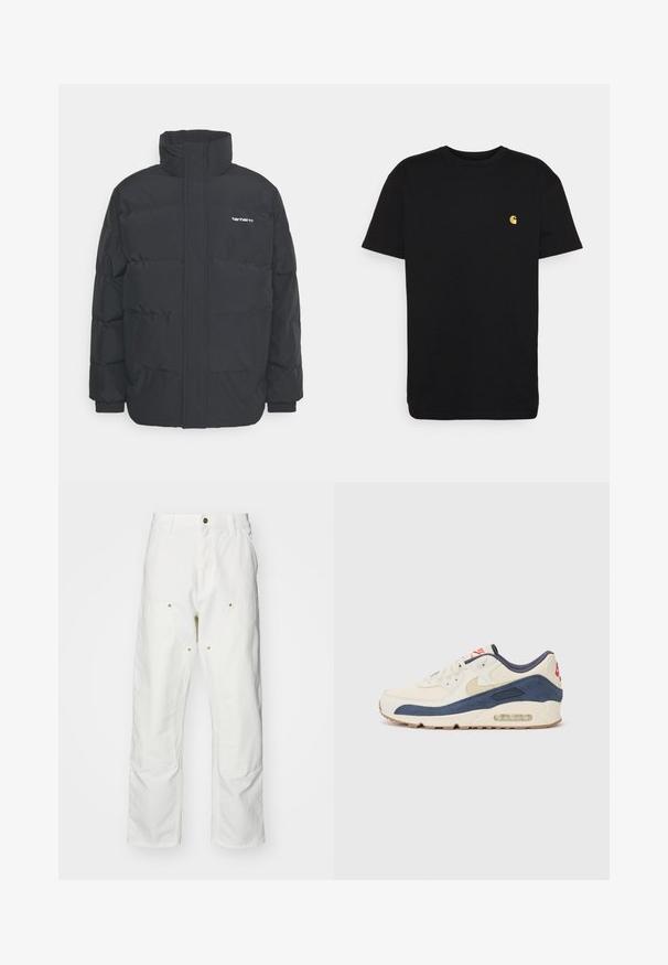 Doudoune noire avec un col montant, fermeture éclair à l'avant et poignets élastiques. Comprend une poche et un petit logo sur la poitrine. Surface texturée.; T-shirt en coton noir à manches courtes, col rond, avec un petit logo jaune sur la partie gauche de la poitrine. Design simple et coupe régulière.; Pantalons cargo en coton blanc avec une coupe décontractée. Les caractéristiques incluent des poches avant, des accents en métal doré et des sections de genoux renforcées.; Baskets avec un dessus en cuir crème et en suède bleu marine, dotées d'une semelle à air visible, d'une semelle en caoutchouc beige et d'un accent rouge au talon.