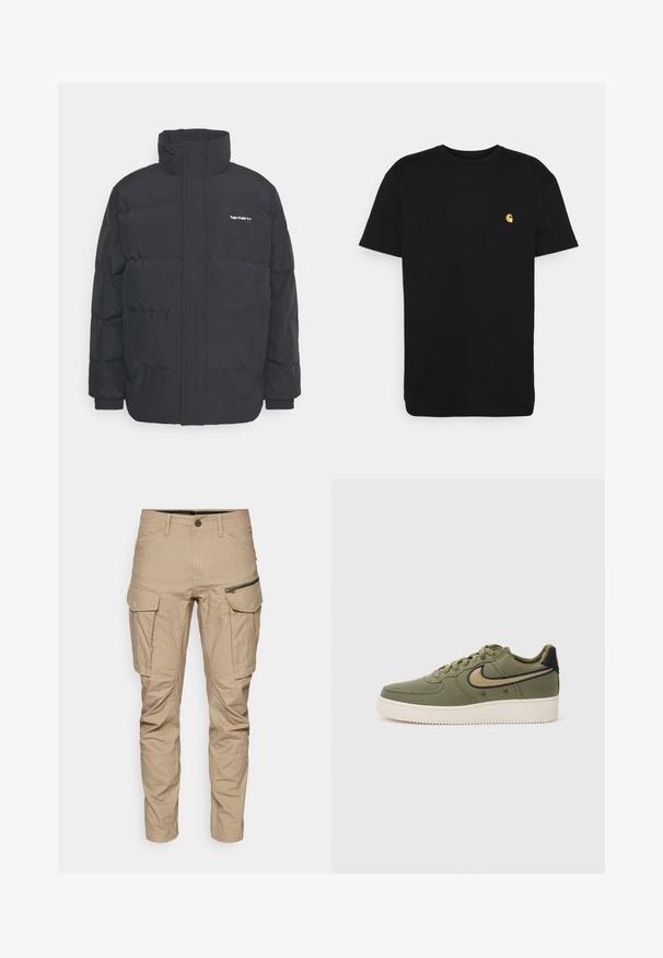 Melnā pūkainā jaka ar augstu apkakli, rāvējslēdzēja priekšpusi un elastīgām piedurknēm. Iespējama kabata un neliels logo uz krūtīm. Strukturēta virsma.; Melna kokvilnas T-kreklā īsas piedurknes, apaļa apkakle un neliels dzeltenais logotips kreisajā krūtī. Vienkāršs dizains un parasta paveida.; Kaki kravas bikses ar vairākiem sānu kabatām, ar rāvējslēdzēju kabatu detaļām, taisnas kājas dizainu, kokvilnas maisījuma audumu un izturīgu šuvumu.; Olīvu zaļas auduma kedas ar melniem akcentiem, ar auklu aizdari, mīkstu apkakli un strukturētu zoli ar "AIR" zīmolu.