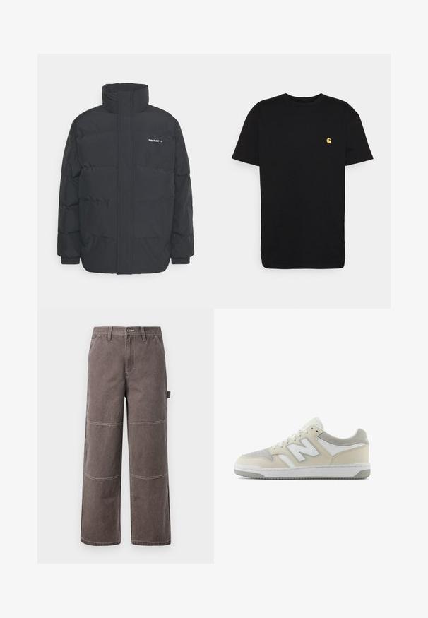 Schwarze Daunenjacke mit hohem Kragen, Reißverschluss vorne und elastischen Bündchen. Verfügt über eine Tasche und ein kleines Logo auf der Brust. Strukturiert Oberfläche.; Schwarzes Baumwoll-T-Shirt mit kurzen Ärmeln, Rundhalsausschnitt und einem kleinen gelben Logo im linken Brustbereich. Einfaches Design und normale Passform.; Weite Hosen in einem verblassten Braunton, aus strapazierfähigem Stoff mit kontrastierenden Nähten. Mit Paneeldetails und einer Seitentasche.; Beige Wildleder- und Ledersneaker mit weißen Akzenten, featuring ein strukturiertes Design, Schnürung vorne und einem charakteristischen Logo an der Seite.