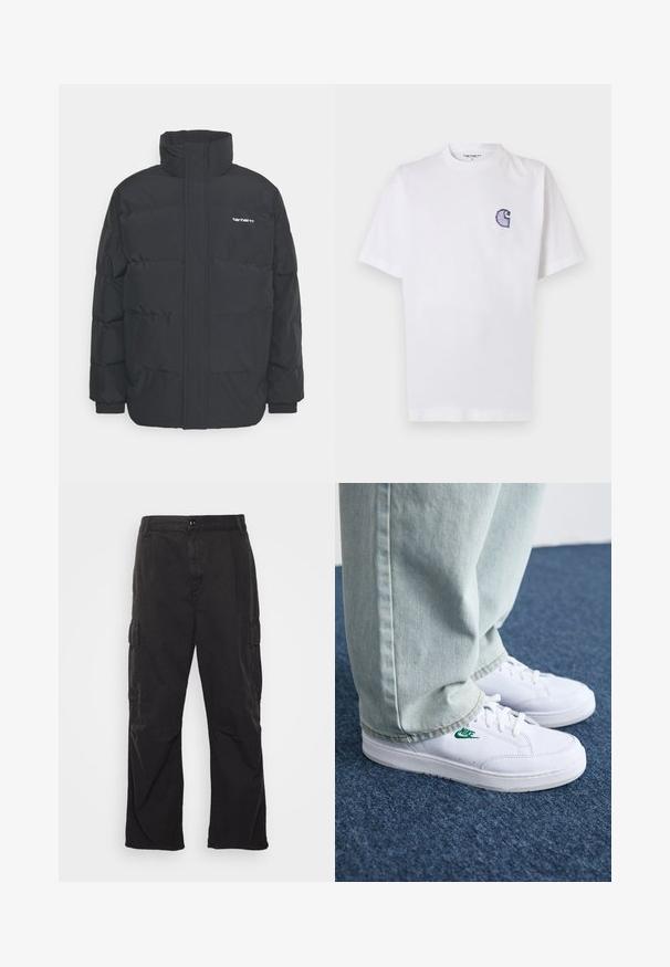 Casaco acolchoado preto com colarinho alto, fecho de correr à frente e punhos elásticos. Apresenta um bolso e um pequeno logótipo no peito. Superfície texturada.; T-shirt branca de algodão com mangas curtas, decote redondo e um pequeno logotipo azul "C" bordado no lado esquerdo do peito.; Calças cargo pretas com um design de perna reta, apresentando dois bolsos laterais, um fecho de botão e um tecido texturizado.; Tênis de couro brancos com logo verde da Nike, bico redondo, sola plana, combinados com calças de denim azul claro, exibidos sobre um tapete azul.