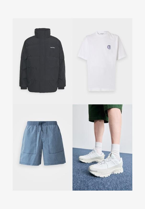 Fekete puffKabát magas nyakkal, cipzáros előlappal és rugalmas mandzsettával. Tartalmaz egy zsebet és egy kis logót a mellkason. Texturált felület.; Fehér pamut póló rövid ujjakkal, kerek nyakkivágással és egy kis, hímzett kék "C" logóval a bal mellrészen.; Világoskék, pamut keverék rövidnadrág, elasztikus derékkal, állítható zsinórral, két nagy elülső zsebbel és laza szabással.; Fehér sportcipők texturált burkolattal, vastag talppal és szürke részletekkel. Fehér sportzoknival és zöld rövidnadrággal viselve, kék felületen.