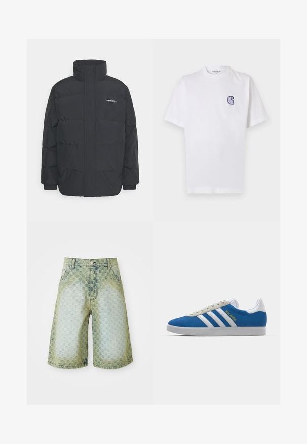 Black puffer jacket with a high collar, zip front, and elastic cuffs. Features a pocket and a small logo on the chest. Textured surface.; White cotton t-shirt with short sleeves, round neckline, and a small, embroidered blue "C" logo on the left chest area.; Denim shorts featuring a textured pattern, light blue to green gradient, classic five-pocket design, and metal button closure.; adidas Originals ADIDAS GAZELLE SHOES - Indoor football boots - real madrid/bluebird/footwear white/crew yellow