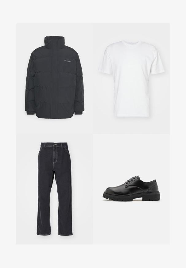 Black puffer jacket with a high collar, zip front, and elastic cuffs. Features a pocket and a small logo on the chest. Textured surface.; White cotton t-shirt with short sleeves, round neckline, and a smooth texture. Simple design with no patterns or graphics.; Black denim jeans with a straight-leg cut, featuring a zipper fly, five pockets, and contrast stitching along the seams.; Black leather shoes with a rounded toe, lace-up design, and a thick, textured rubber sole. Features stitching along the edge and a smooth finish.