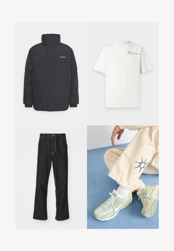 Melnā pūkainā jaka ar augstu apkakli, rāvējslēdzēja priekšpusi un elastīgām piedurknēm. Iespējama kabata un neliels logo uz krūtīm. Strukturēta virsma.; Balts kokvilnas T-krekls ar īsām piedurknēm, apaļu kakla izgriezumu un melnu uzdrukātu tekstu uz krūtīm: "Carhartt Work in Progress 1989."; Melni džinsi ar brīvu piegriezumu, ar kontrastējošu baltu diegu, pogu aizdari un taisnu kāju dizainu.; Nike Sportswear ZOOM VOMERO 5 SDE - Sporta apavi - jade horizon/phantom/light silver/white/black