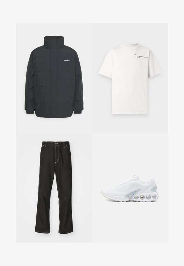 Juodas pūkinis švarkas su aukšta apykakle, užtrauktuku priekyje ir elastingomis rankovėmis. Yra kišenė ir mažas logotipas ant krūtinės. Tekstūruotas paviršius.; Baltas medvilninis marškinėlis trumpomis rankovėmis, apvalia iškirpte ir juodu spaudiniu ant krūtinės su užrašu „Carhartt Work in Progress 1989“.; Juodi džinsai su laisvu siluetu, turintys kontrastingas balto siūlo siūles, mygtuko uždarymą ir tiesų kojos dizainą.; Baldos pėdkelnių batai su pilkais akcentais, apvaliu nosimi ir matoma paminkštinta padu, kuriame yra apvalių oro kišenių ir ženklo detalė.