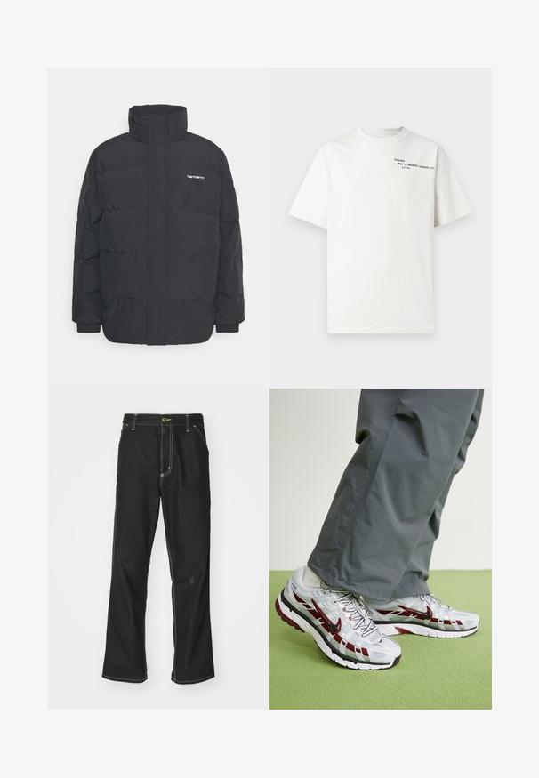 Černá zimní bunda s vysokým límcem, zipem vpředu a elastickými manžetami. Má kapsu a malé logo na hrudi. Texturovaný povrch.; Bílé bavlněné tričko s krátkými rukávy, kulatým výstřihem a černým potiskem na hrudi s nápisem "Carhartt Work in Progress 1989."; Černé denimové džíny s volným střihem, s kontrastním bílým prošíváním, zapínáním na knoflík a rovnými nohavicemi.; Nike Sportswear P 6000 UNISEX - Tenisky - pure platinum/dark team red/metallic platinum/white/black