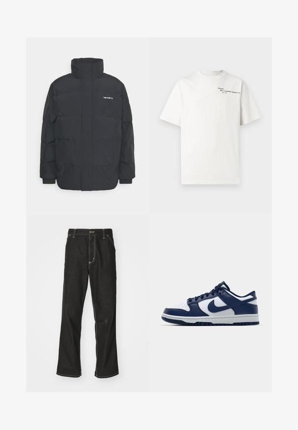 Crna puffer jakna s visokim ovratnikom, prednjim zatvaračem i elastičnim manžetama. Ima džep i mali logo na prsima. Teksturalna površina.; Bijela pamučna majica kratkih rukava, okruglog izreza, s crnim tiskanim natpisom na prsima na kojem piše "Carhartt Work in Progress 1989."; Crne traperice s opuštenim krojem, s kontrastnim bijelim šavovima, zakovicom za zatvaranje i ravnim nogavicama.; Tamno plavi i bijeli kožni tenisice s perforiranim vrhom, vezanjem sprijeda i sivi srednji dio. Ima Nike logo s bočne strane.