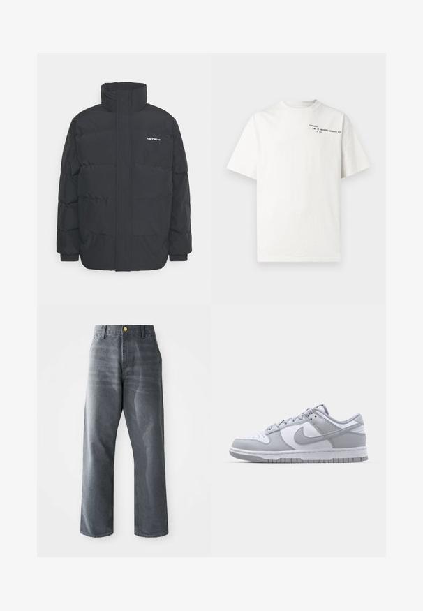 Mustam varrukas jope kõrge kaelusega, vipptõmblusega ja elastsete mansettidega. Omaduseks on tasku ja väike logo rinnal. Tekstuuritud pind.; Valge puuvillane t-särk lühikeste varrukate, ümar kaelusega ja musta trükitekstiga rinnal, kus on kirjas "Carhartt Work in Progress 1989."; Laiad jalgadega hallid denim püksid meestele, millel on esimesed taskud ja ühesuunaline nähtav kuldne nupp vöökohal.; Hallhallased ja valged Nike Dunk Low tossud sileda nahast ülemise, perforatsiooniõhuavad, pehmendatud krae ja kummist tallaga.