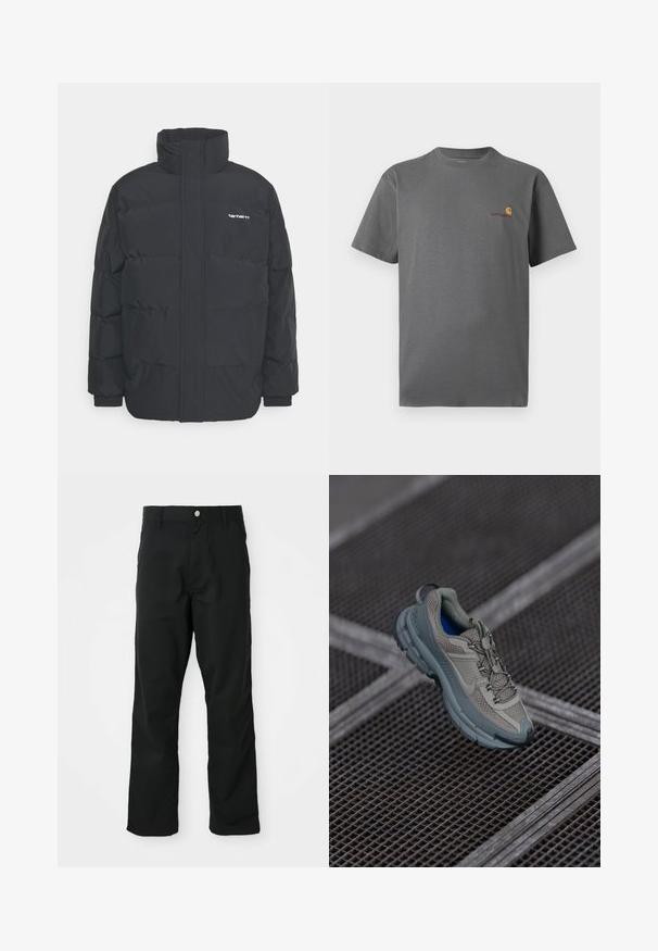 Sort pufferjakke med høj krave, lynlås foran og elastiske manchetter. Har en lomme og et lille logo på brystet. Tekstureret overflade.; Grå kortærmet t-shirt lavet af bomuld; har et diskret logo i orange og burgunderrød på brystet. Enkel crew neck design.; Sorte lige bukser med knap- og lynlåslukning, bæltestropper og sidelommer, præsenteret mod en hvid baggrund.; Beige og grå sportsko med tekstureret mesh-overdel, rund tå og gummisål, med snørebånd og polstret krave.