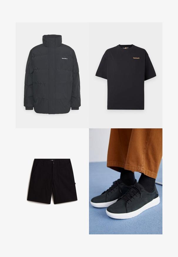 Giacca puffa nera con colletto alto, chiusura con zip frontale e polsini elastici. Presenta una tasca e un piccolo logo sul petto. Superficie testurizzata.; T-shirt nero a maniche corte con collo rotondo di Timberland, con piccolo logo beige sul lato sinistro del petto, esposto su uno sfondo bianco.; Pantaloni corti neri in cotone, con una vita standard, due tasche frontali e una vestibilità rilassata. Design semplice senza motivi visibili.; Sneakers in suede nera con suole in gomma bianca, dotati di un design con lacci, accenti testurizzati e branding sottile, abbinati a pantaloni marroni.