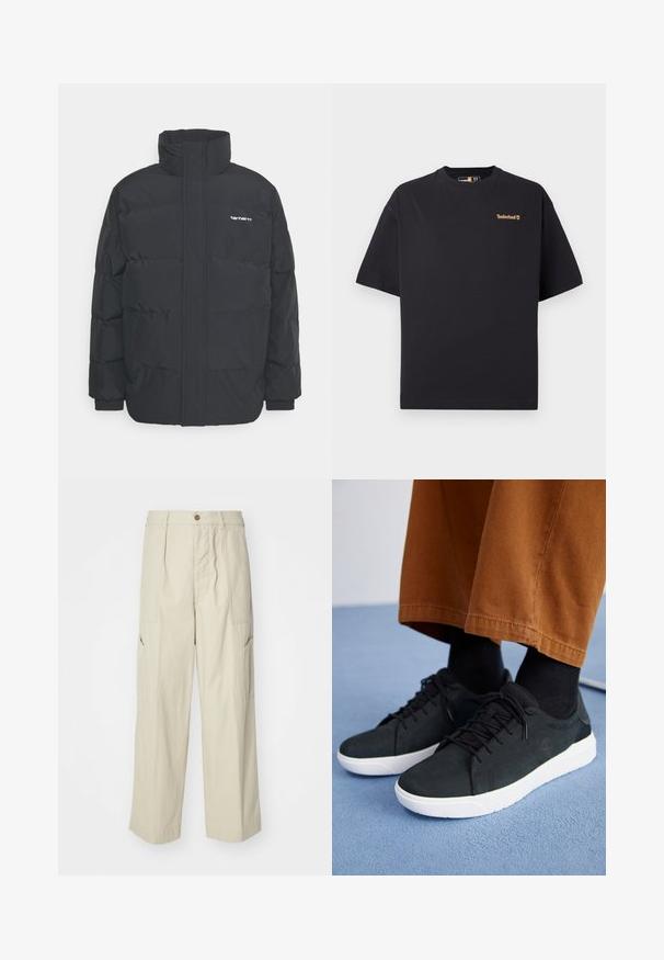 Black puffer jacket with a high collar, zip front, and elastic cuffs. Features a pocket and a small logo on the chest. Textured surface.; Black short-sleeve crew neck Timberland T-shirt with small tan logo on the upper left chest, displayed on a white background.; Beige cargo pants with a loose fit, two front pockets, and a slightly textured fabric. Features a button closure and wide-leg design.; Black suede sneakers with white rubber soles, featuring lace-up design, textured accents, and subtle branding, paired with brown pants.