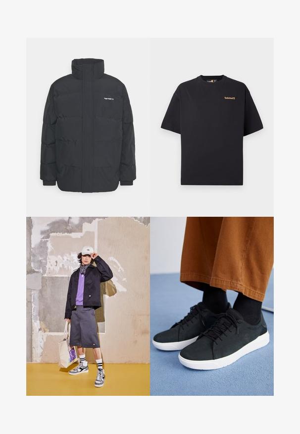 Giacca puffa nera con colletto alto, chiusura con zip frontale e polsini elastici. Presenta una tasca e un piccolo logo sul petto. Superficie testurizzata.; T-shirt nero a maniche corte con collo rotondo di Timberland, con piccolo logo beige sul lato sinistro del petto, esposto su uno sfondo bianco.; Giacca nera, camicia viola, pantaloni corti grigi e sneaker bianchi con accenti grigi. Gli accessori includono un cappellino bianco e una borsa tote a fantasia.; Sneakers in suede nera con suole in gomma bianca, dotati di un design con lacci, accenti testurizzati e branding sottile, abbinati a pantaloni marroni.