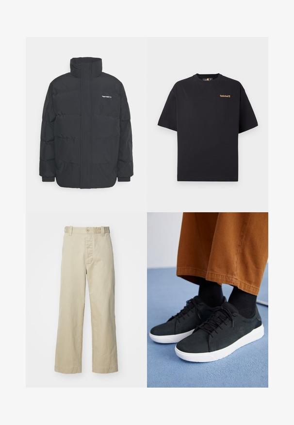 Giacca puffa nera con colletto alto, chiusura con zip frontale e polsini elastici. Presenta una tasca e un piccolo logo sul petto. Superficie testurizzata.; T-shirt nero a maniche corte con collo rotondo di Timberland, con piccolo logo beige sul lato sinistro del petto, esposto su uno sfondo bianco.; Pantaloni di cotone beige con vestibilità dritta, dotati di chiusura frontale con bottone e passanti per cintura; texture liscia senza motivi.; Sneakers in suede nera con suole in gomma bianca, dotati di un design con lacci, accenti testurizzati e branding sottile, abbinati a pantaloni marroni.