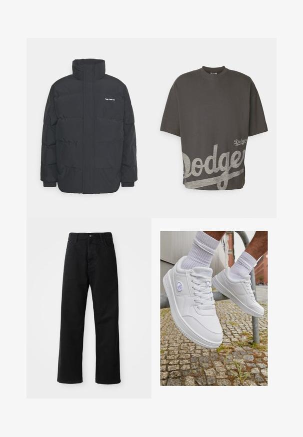 Giacca puffa nera con colletto alto, chiusura con zip frontale e polsini elastici. Presenta una tasca e un piccolo logo sul petto. Superficie testurizzata.; New Era MLB LOS ANGELES DODGERS OVERSIZED T-SHIRT - T-Shirt sport - black; Pantaloni in denim nero con taglio dritto, caratterizzati da tasche frontali, chiusura con zip e un singolo bottone superiore. Tessuto testurizzato con finitura opaca.; Sneaker bianche con tomaia in sintetico liscio, design con lacci, collare imbottito e dettaglio del logo sul lato, su uno sfondo di ciottoli.