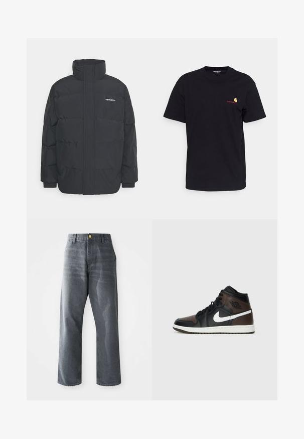 Casaco acolchoado preto com colarinho alto, fecho de correr à frente e punhos elásticos. Apresenta um bolso e um pequeno logótipo no peito. Superfície texturada.; T-shirt de algodão preto com mangas curtas, gola redonda e pequeno logótipo colorido no lado esquerdo do peito. Corte clássico com uma textura suave.; Jeans de denim cinza de perna larga e ajuste solto para homens, com bolsos frontais e um único botão dourado visível na cintura.; Sapatilhas altas em preto e castanho com parte superior em pele, logótype swoosh branco, ponta perfurada e sola de borracha. Apresenta atacadores e colarinho em preto.