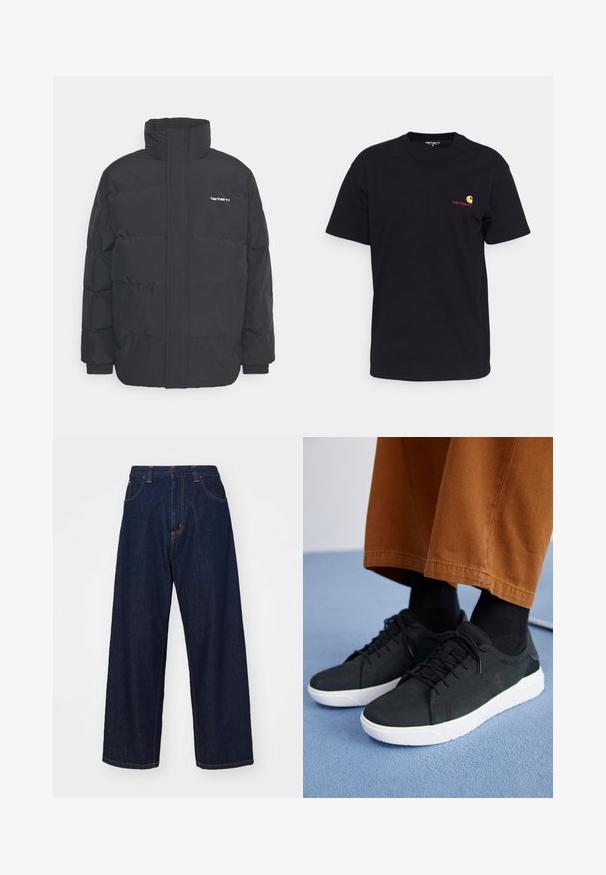 Black puffer jacket with a high collar, zip front, and elastic cuffs. Features a pocket and a small logo on the chest. Textured surface.; Black cotton t-shirt with short sleeves, round neck, and small colorful logo on the left chest. Classic cut with a smooth texture.; Dark blue denim wide-leg trousers with orange stitching, five pockets, and a zip-fly closure, featuring a relaxed fit and smooth texture.; Black suede sneakers with white rubber soles, featuring lace-up design, textured accents, and subtle branding, paired with brown pants.