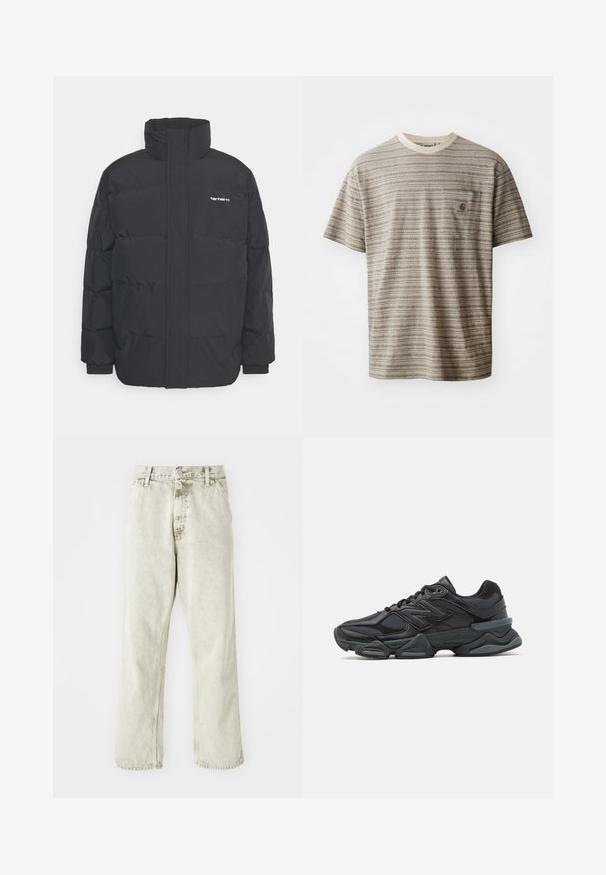 Casaco acolchoado preto com colarinho alto, fecho de correr à frente e punhos elásticos. Apresenta um bolso e um pequeno logótipo no peito. Superfície texturada.; T-shirt de manga curta às riscas em bege e castanho, com um decote redondo e um bolso no peito com um emblema. Tecido texturizado.; Calças de denim cinza claro com um design de perna reta, fecho de botão e passadores de cinto. Apresentam uma textura subtil e detalhes de costura minimalistas.; Sapato de corrida preto com uma combinação de malha e materiais sintéticos, sola robusta, design curvado e uma marca de destaque na lateral.